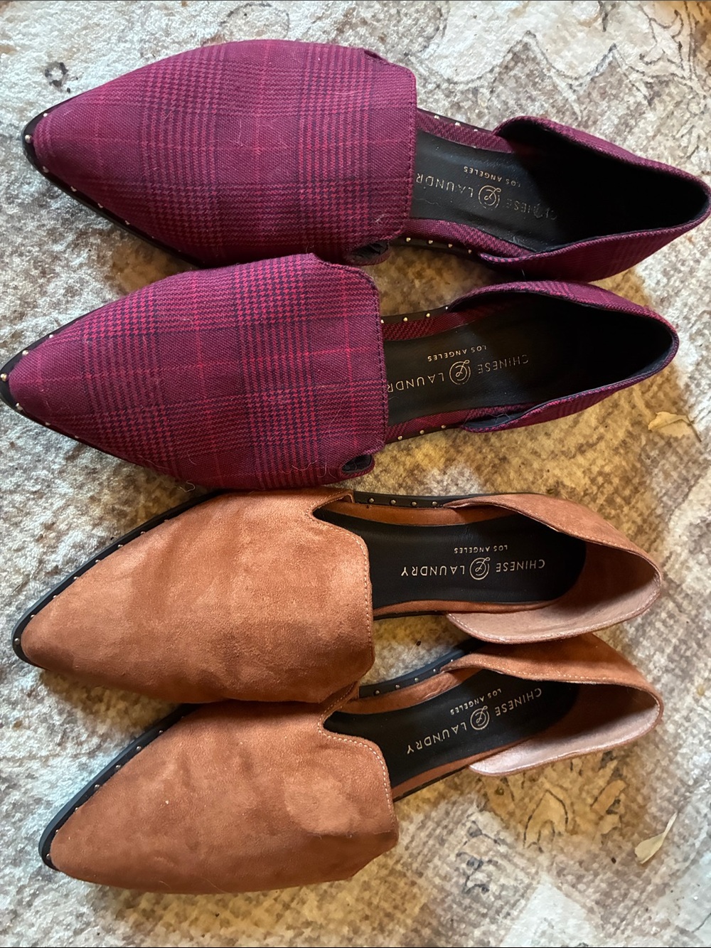 Chinese Laundry Emy D’Orsio Pointed Toe Slip-Ons in Burgundy Plaid/Tan 2 pairs 9